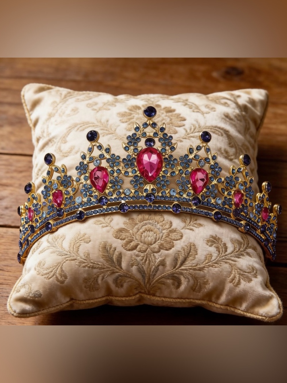 Vintage Gold Crown with Pink and Blue Gemstones